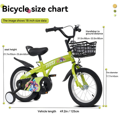 18 inch kids bike with training wheels,stand Adjustable saddle Suitable for boys and girls aged 5-10 years, tall Height 45-57 inch