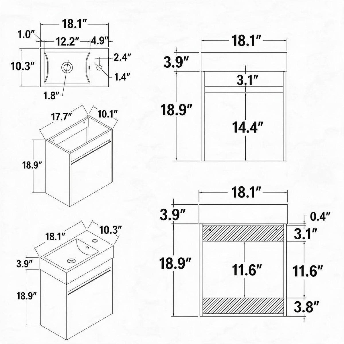 18" Floating Bathroom Vanity with Sink, Modern Wall Mounted Bathroom Vanity with Glossy White Ceramic Sink & Countertop, Soft Close Door, Plywood Storage Cabinet,Grey