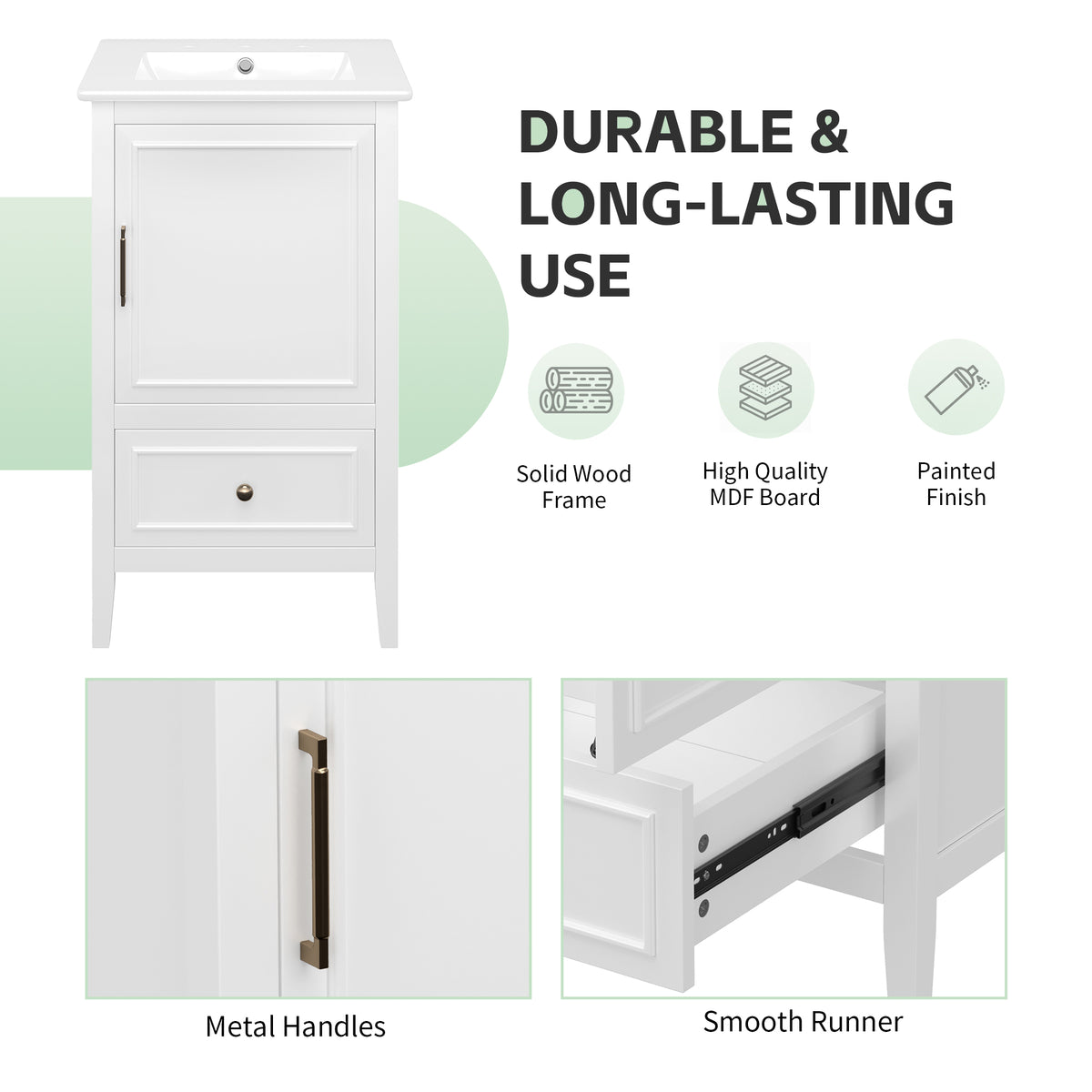 20" Bathroom Vanity with Sink, Half-Moon Ceramic Sink Basin with 3-Hole Faucet Mount, Bathroom Storage Cabinet with Drawer & Door Rack, Retro Gold Handle, White