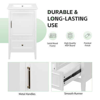 20" Bathroom Vanity with Sink, Half-Moon Ceramic Sink Basin with 3-Hole Faucet Mount, Bathroom Storage Cabinet with Drawer & Door Rack, Retro Gold Handle, White