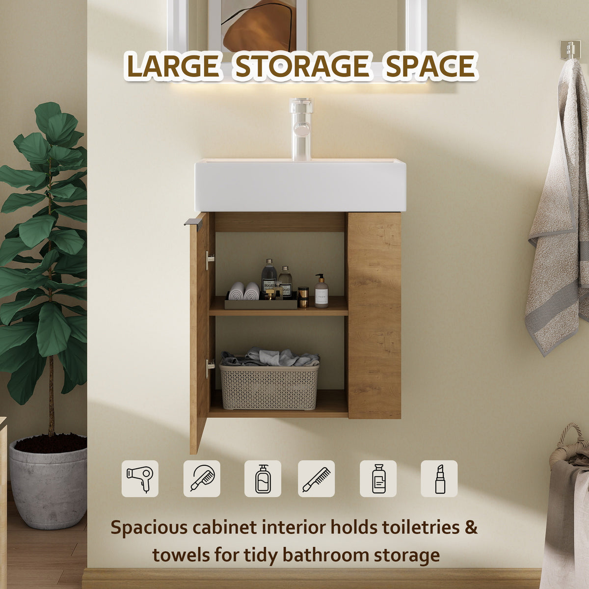 21.6" Floating Bathroom Vanity with Sink, Modern Wall Mounted Bathroom Vanity with Glossy White Ceramic Sink & Countertop, Soft Close Door, Plywood Storage Cabinet,Oak