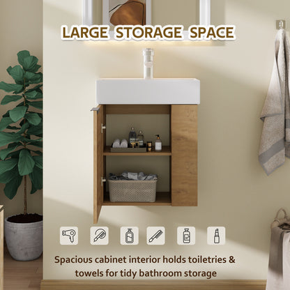 21.6" Floating Bathroom Vanity with Sink, Modern Wall Mounted Bathroom Vanity with Glossy White Ceramic Sink & Countertop, Soft Close Door, Plywood Storage Cabinet,Oak