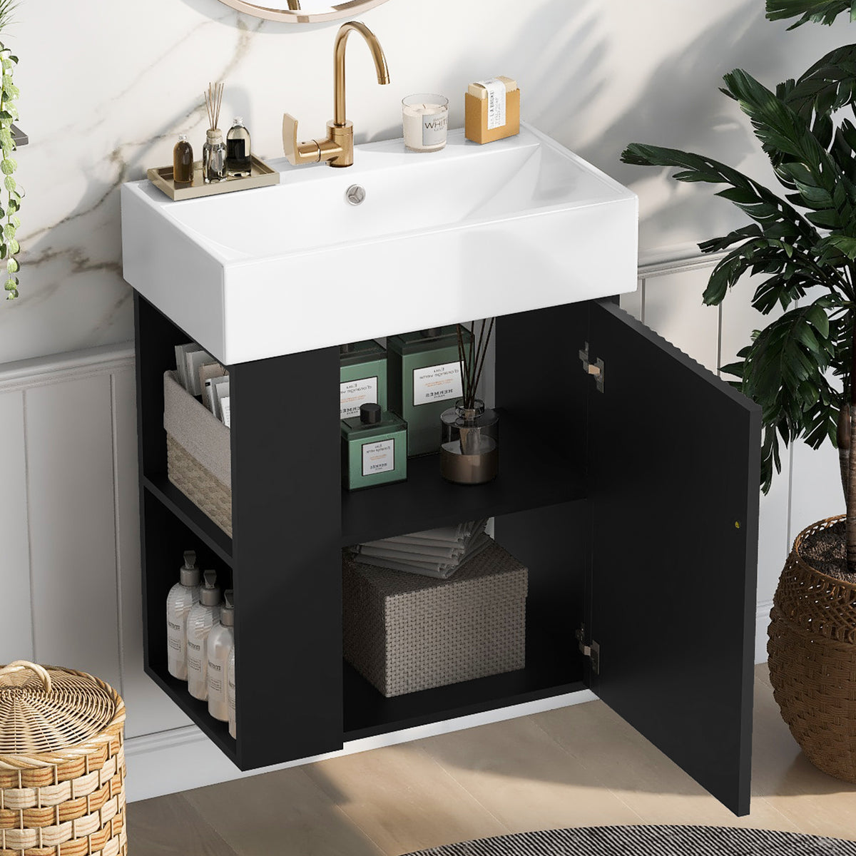 21.6" Floating Bathroom Vanity with Sink, Slim Wall Mounted Bathroom Vanity with Ceramic Basin & Overflow, Wave Pattern Door with Rose Gold Handle, Soft Close Door,Black