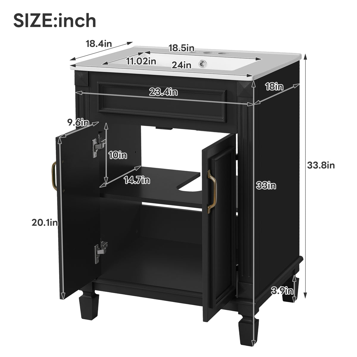 24" Bathroom Vanity with Sink, French Style Bathroom Vanity with Carved Legs & Drawer, Adjustable Shelf, Back Cutout for Plumbing, Soft Close Door,Black