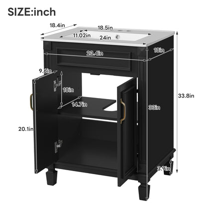 24" Bathroom Vanity with Sink, French Style Bathroom Vanity with Carved Legs & Drawer, Adjustable Shelf, Back Cutout for Plumbing, Soft Close Door,Black
