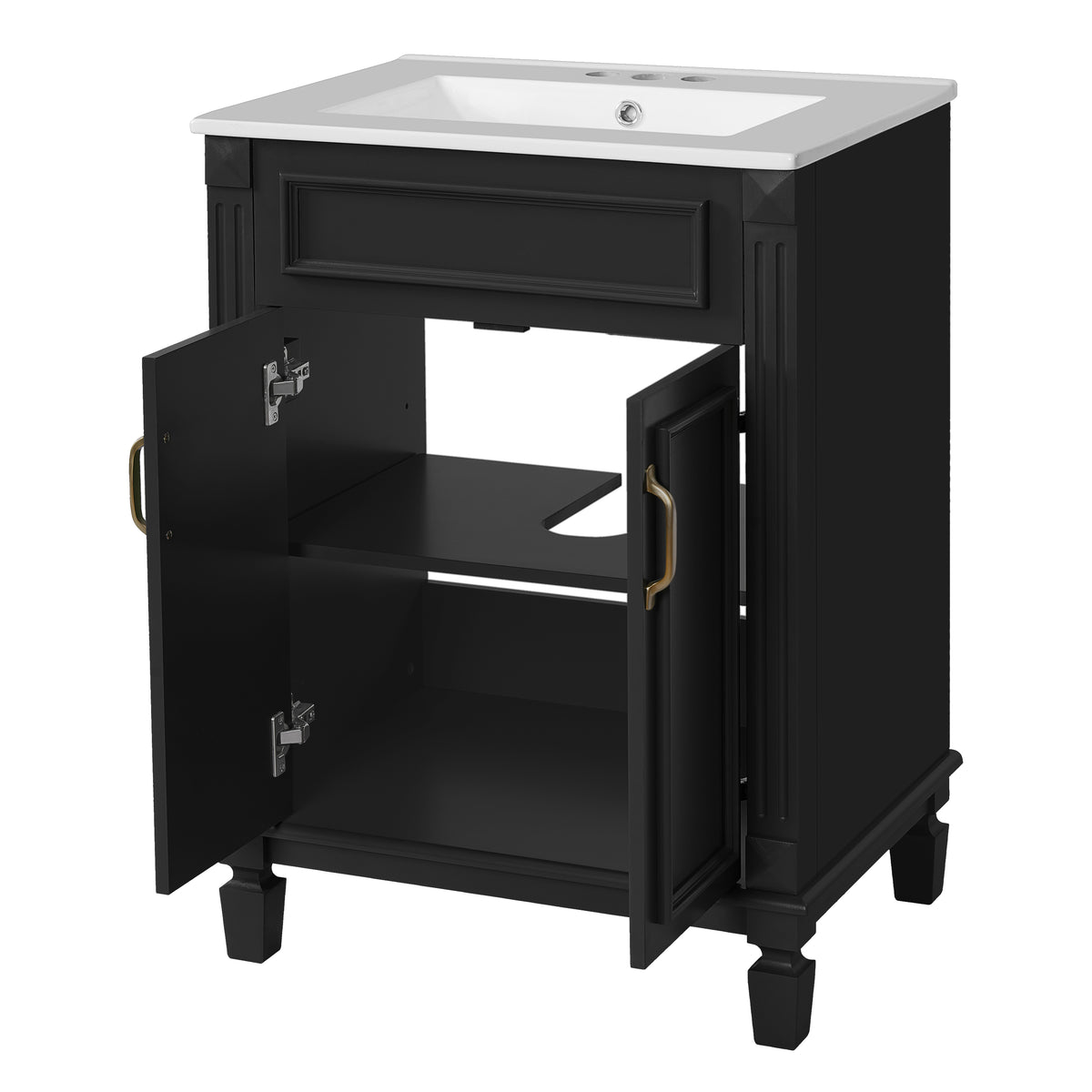 24" Bathroom Vanity with Sink, French Style Bathroom Vanity with Carved Legs & Drawer, Adjustable Shelf, Back Cutout for Plumbing, Soft Close Door,Black