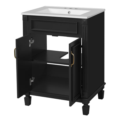 24" Bathroom Vanity with Sink, French Style Bathroom Vanity with Carved Legs & Drawer, Adjustable Shelf, Back Cutout for Plumbing, Soft Close Door,Black