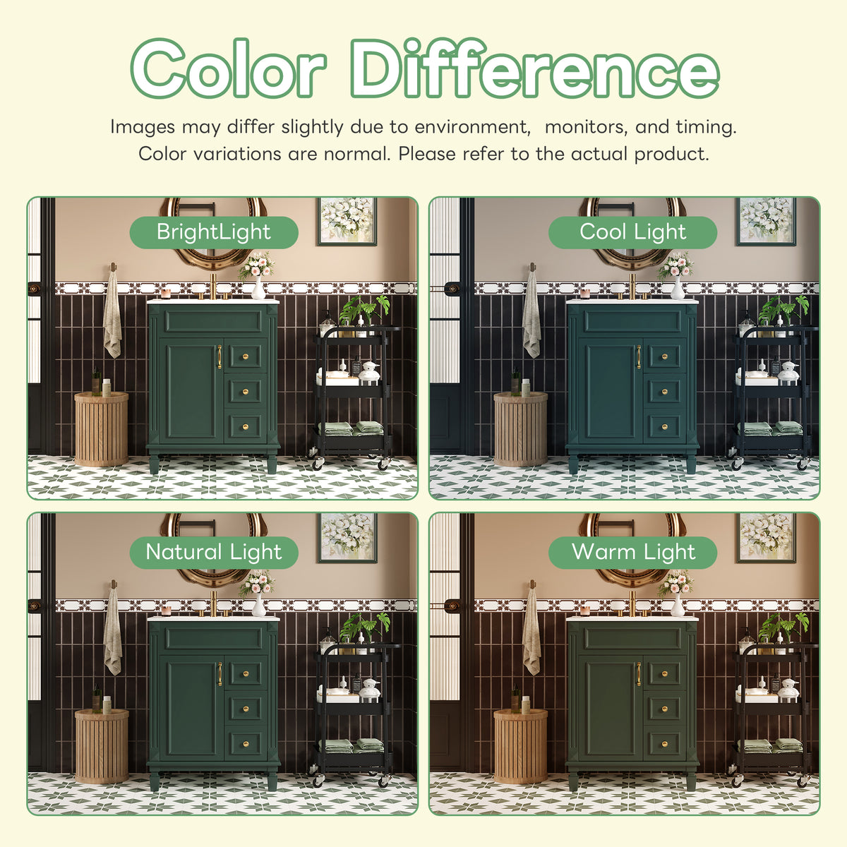 24" Bathroom Vanity with Sink, French Style Bathroom Vanity with 2 Deep Drawers & Adjustable Shelf, Ceramic Sink for 4-Inch Faucet, Soft Close Door,Green
