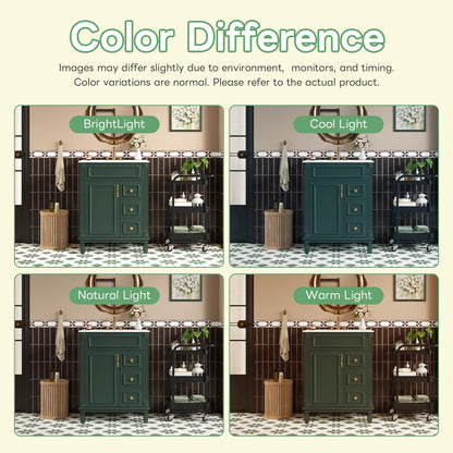 24" Bathroom Vanity with Sink, French Style Bathroom Vanity with 2 Deep Drawers & Adjustable Shelf, Ceramic Sink for 4-Inch Faucet, Soft Close Door,Green