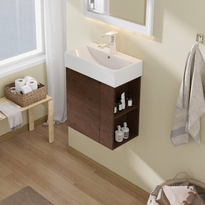 21.6" Floating Bathroom Vanity with Sink, Modern Wall Mounted Bathroom Vanity with Glossy White Ceramic Sink & Countertop, Soft Close Door, Plywood Storage Cabinet,Brown