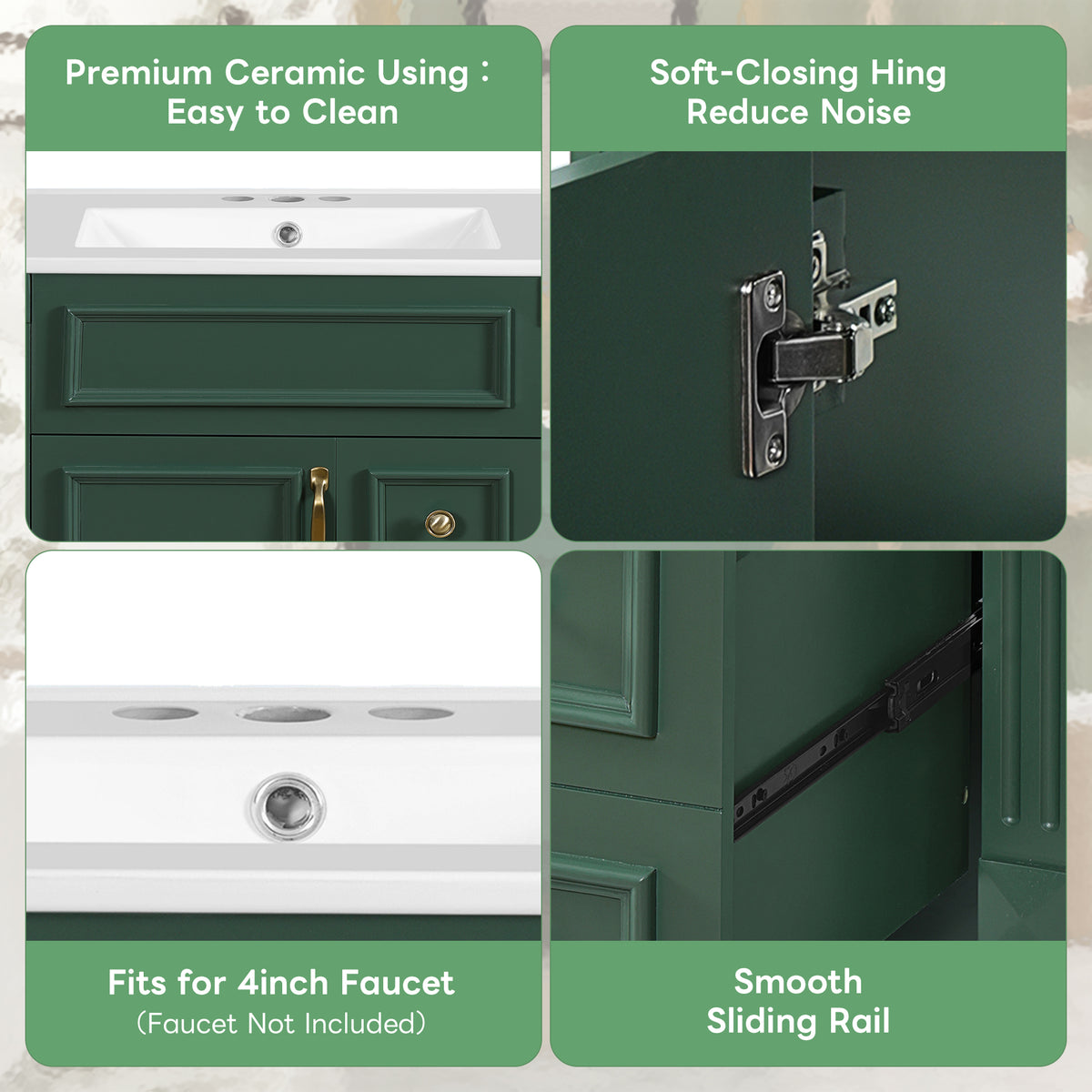 24" Bathroom Vanity with Sink, French Style Bathroom Vanity with 2 Deep Drawers & Adjustable Shelf, Ceramic Sink for 4-Inch Faucet, Soft Close Door,Green