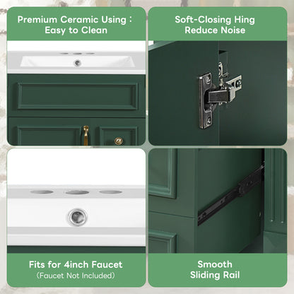 24" Bathroom Vanity with Sink, French Style Bathroom Vanity with 2 Deep Drawers & Adjustable Shelf, Ceramic Sink for 4-Inch Faucet, Soft Close Door,Green