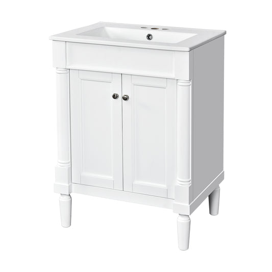 24" Bathroom Vanity with Sink, Modern Bathroom Vanity Cabinet with Enclosed Storage Door, 32mm Faucet Hole Ceramic Basin, Easy Assembly,White