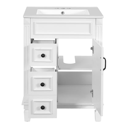 24" Bathroom Vanity with Sink, French Style Bathroom Vanity with 2 Deep Drawers & Adjustable Shelf, Ceramic Sink for 4-Inch Faucet, Soft Close Door,White