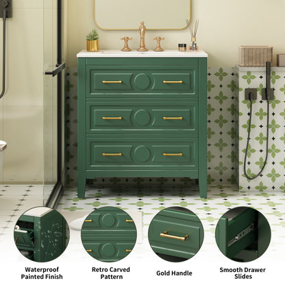 30" Bathroom Vanity with Sink, Black Bathroom Vanity with 3 Drawers & Carved Detail, Ceramic Sink for 4" Centerset Faucet with Overflow, Solid Pine Wood Frame,Green