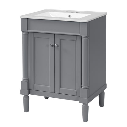 24" Bathroom Vanity with Sink, French Style Small Bathroom Vanity with Semi-Circular Column Design, Ceramic Sink with Overflow, Soft Close Door,Grey