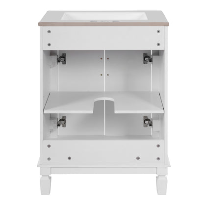 24" Bathroom Vanity with Sink, French Style Bathroom Vanity with Carved Legs & Drawer, Adjustable Shelf, Back Cutout for Plumbing, Soft Close Door,White