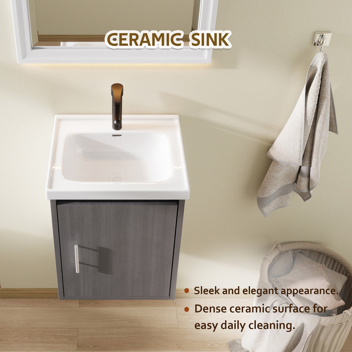 16" Floating Bathroom Vanity with Sink, Modern Wall Mounted Bathroom Vanity with Glossy White Ceramic Sink & Countertop, Soft Close Door, Plywood Storage Cabinet,Grey