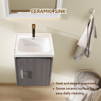 16" Floating Bathroom Vanity with Sink, Modern Wall Mounted Bathroom Vanity with Glossy White Ceramic Sink & Countertop, Soft Close Door, Plywood Storage Cabinet,Grey