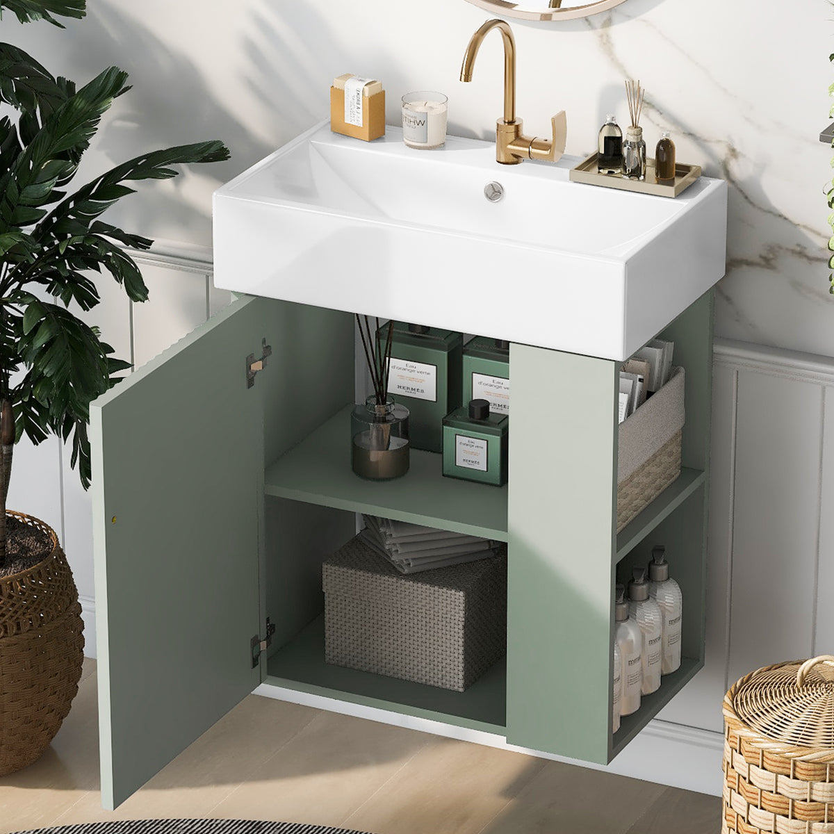 21.6" Floating Bathroom Vanity with Sink, Slim Wall Mounted Bathroom Vanity with Ceramic Basin & Overflow, Wave Pattern Door with Rose Gold Handle, Soft Close Door,Green