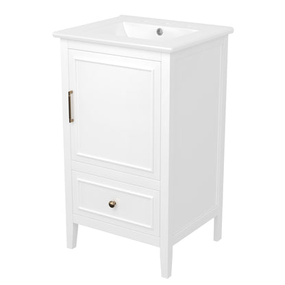 20" Bathroom Vanity with Sink, Half-Moon Ceramic Sink Basin with 3-Hole Faucet Mount, Bathroom Storage Cabinet with Drawer & Door Rack, Retro Gold Handle, White
