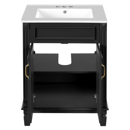 24" Bathroom Vanity with Sink, French Style Bathroom Vanity with Carved Legs & Drawer, Adjustable Shelf, Back Cutout for Plumbing, Soft Close Door,Black