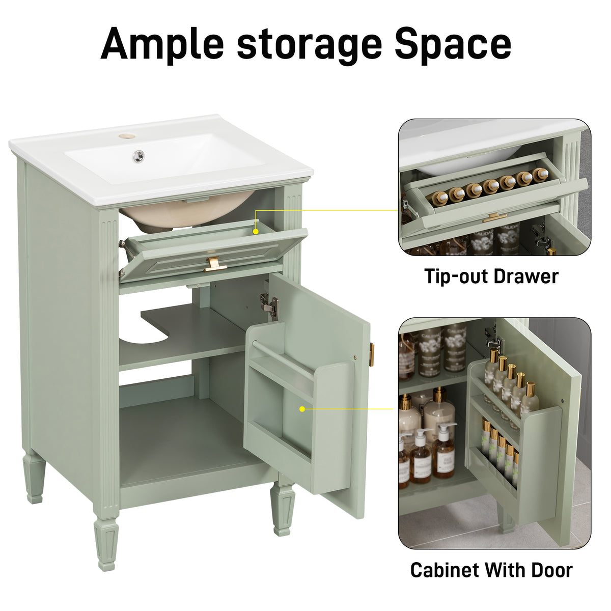 20" Bathroom Vanity with Sink, Small Freestanding Bathroom Vanity Cabinet with Tilt-Out Drawer & Adjustable Shelf, Soft Close Door, Gold Knobs,Green