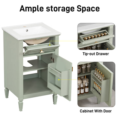 20" Bathroom Vanity with Sink, Small Freestanding Bathroom Vanity Cabinet with Tilt-Out Drawer & Adjustable Shelf, Soft Close Door, Gold Knobs,Green