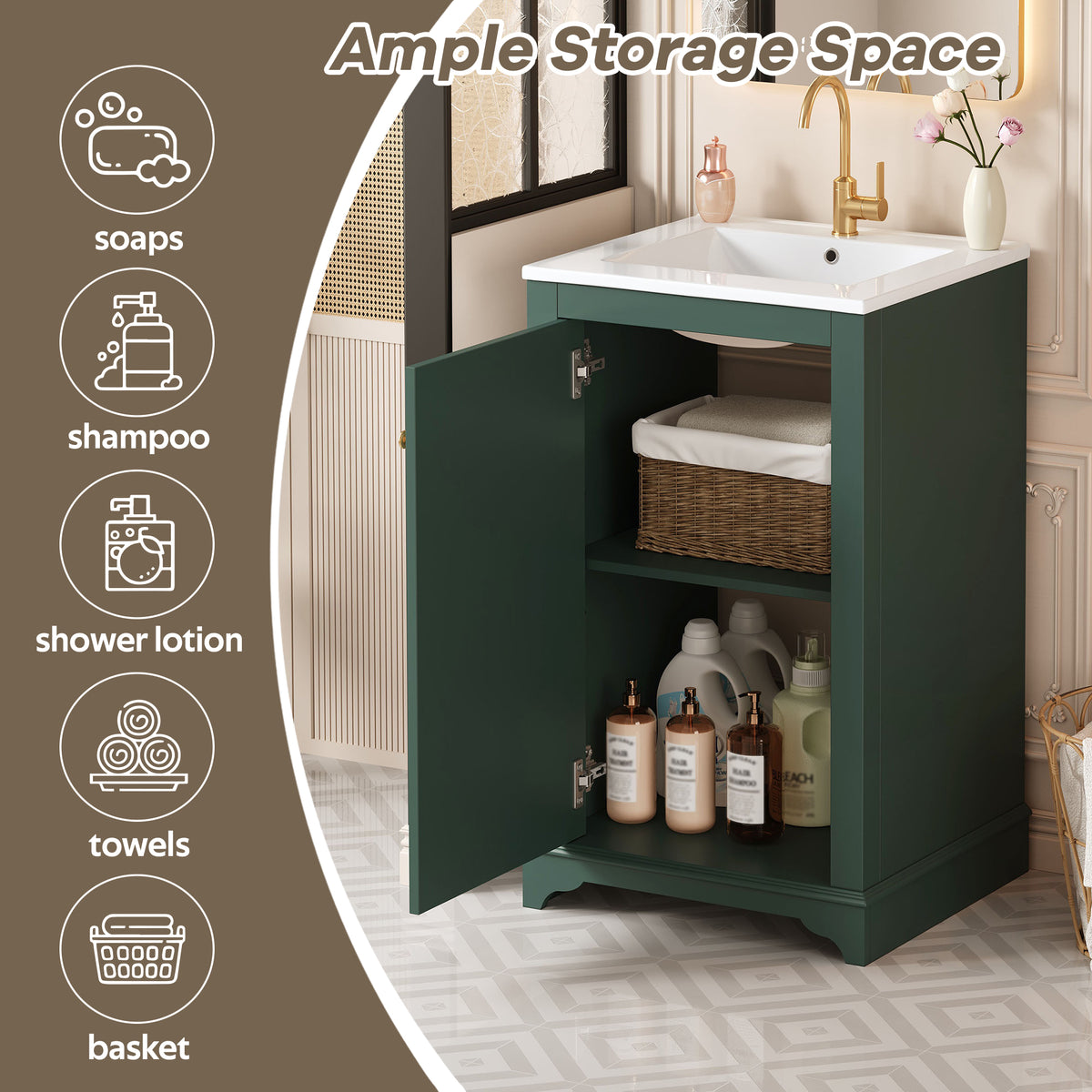 20" Shaker Style Bathroom Vanity with Sink, Small Bathroom Vanity Cabinet with Integrated Ceramic Sink, Soft Close Door, Solid Wood & MDF,Green