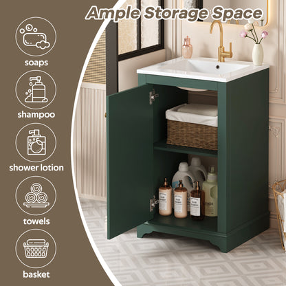 20" Shaker Style Bathroom Vanity with Sink, Small Bathroom Vanity Cabinet with Integrated Ceramic Sink, Soft Close Door, Solid Wood & MDF,Green