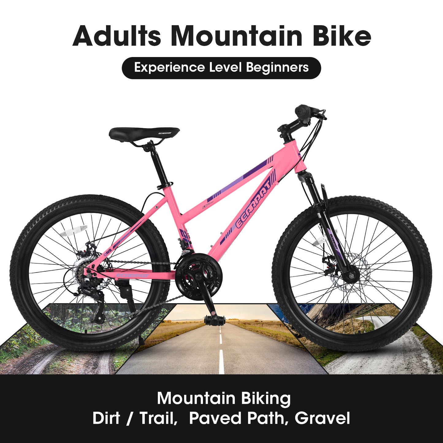 26 inch Mountain Bike 21 Speed, Dual Disc Brake, Front Suspension For Boy Girl, Pink,85% Assembled
