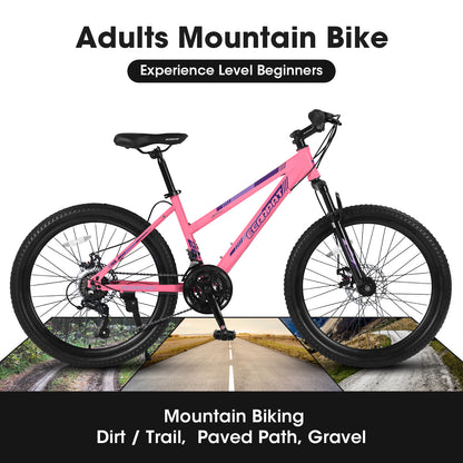 26 inch Mountain Bike 21 Speed, Dual Disc Brake, Front Suspension For Boy Girl, Pink,85% Assembled