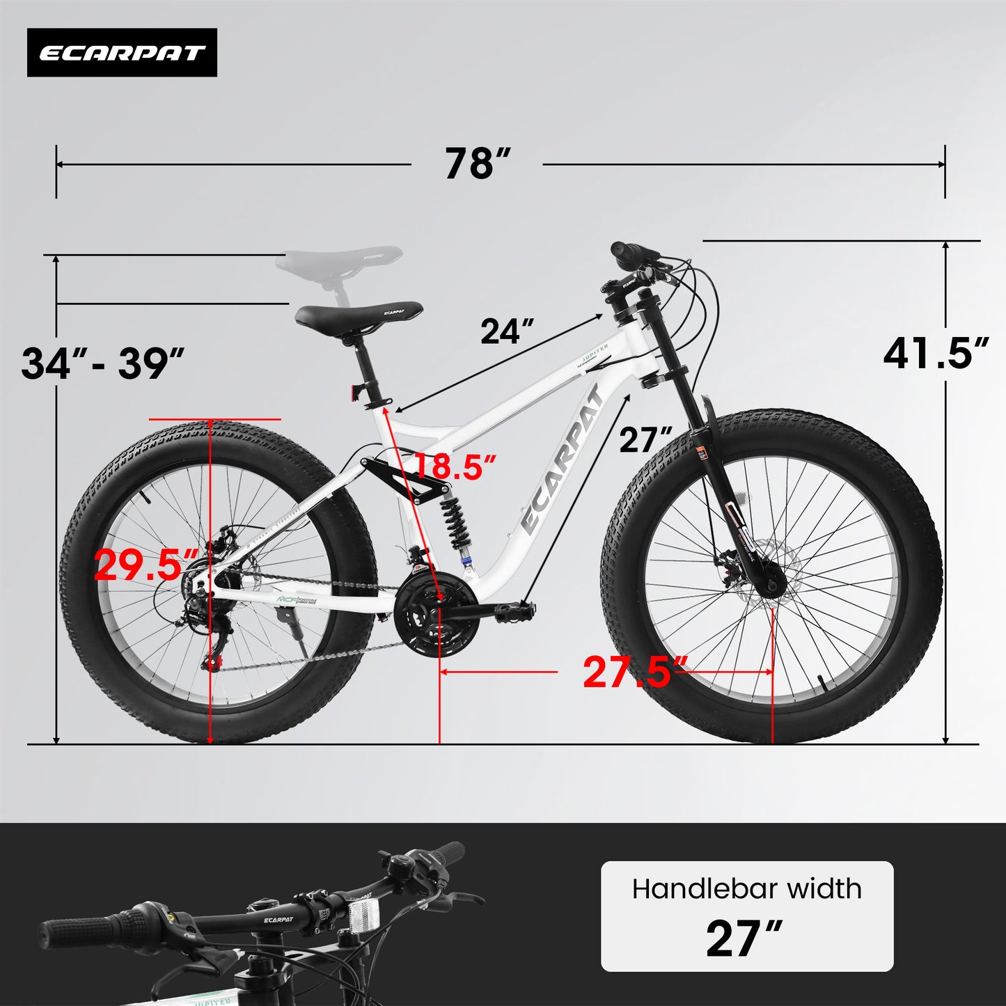 26x4 Inch Fat Tire Mountain Bike Shimano 21 Speed Dual Disc Brake Dual Suspension Trail Bike, Urban Commuter City Bicycle Adult or Youth Whitre