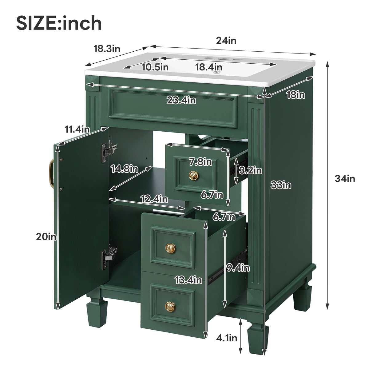 24" Bathroom Vanity with Sink, French Style Bathroom Vanity with 2 Deep Drawers & Adjustable Shelf, Ceramic Sink for 4-Inch Faucet, Soft Close Door,Green