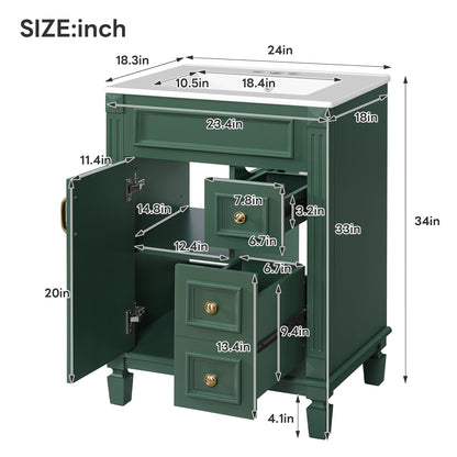 24" Bathroom Vanity with Sink, French Style Bathroom Vanity with 2 Deep Drawers & Adjustable Shelf, Ceramic Sink for 4-Inch Faucet, Soft Close Door,Green