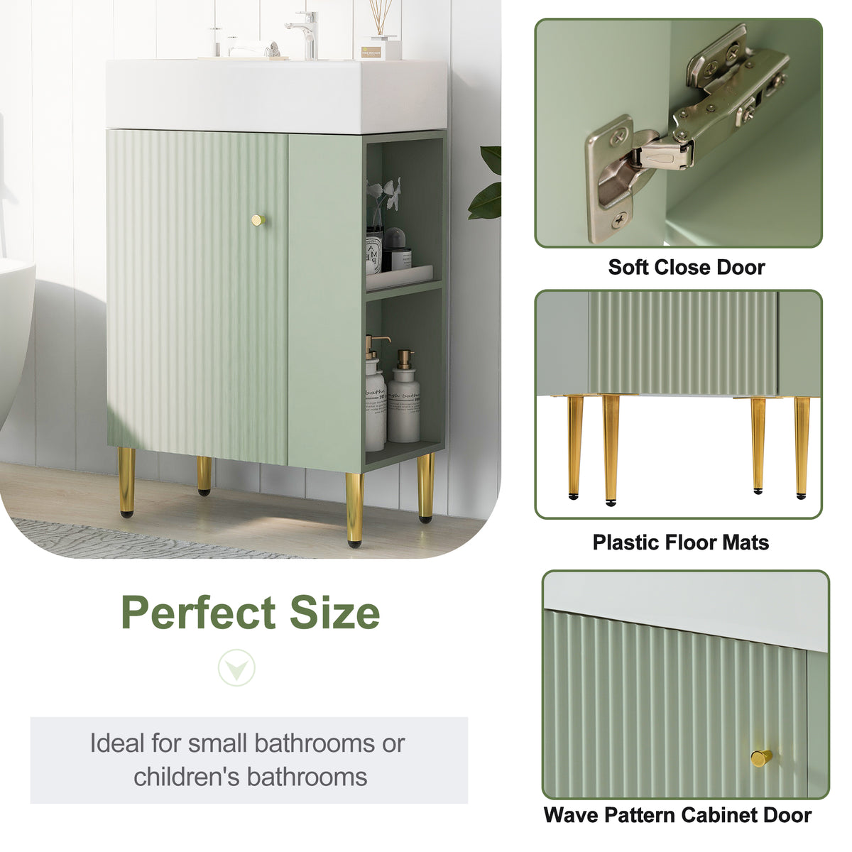 21.6" Bathroom Vanity with Sink, Slim Freestanding Bathroom Vanity Cabinet with Ceramic Sink & Overflow, Gold Metal Legs, Soft Close Door, for Small Bathroom,,Green