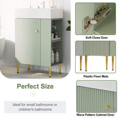 21.6" Bathroom Vanity with Sink, Slim Freestanding Bathroom Vanity Cabinet with Ceramic Sink & Overflow, Gold Metal Legs, Soft Close Door, for Small Bathroom,,Green