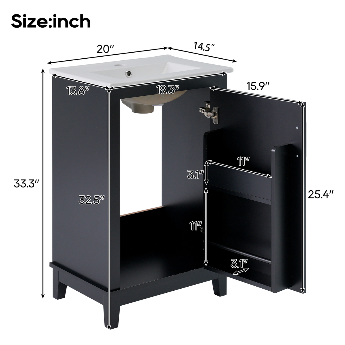 20" Bathroom Vanity with Sink, Minimalist Bathroom Vanity Cabinet with Double Door Shelves & Overflow Ceramic Sink, Soft Close Door, Solid Wood Legs,Black
