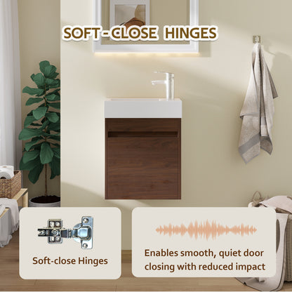 18" Floating Bathroom Vanity with Sink, Modern Wall Mounted Bathroom Vanity with Glossy White Ceramic Sink & Countertop, Soft Close Door, Plywood Storage Cabinet,Brown
