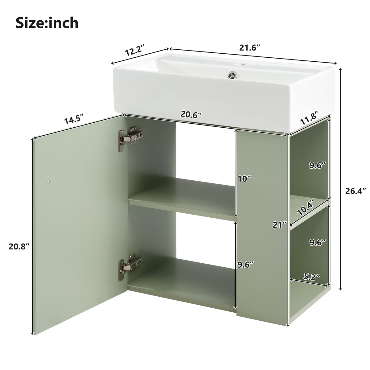21.6" Floating Bathroom Vanity with Sink, Slim Wall Mounted Bathroom Vanity with Ceramic Basin & Overflow, Wave Pattern Door with Rose Gold Handle, Soft Close Door,Green