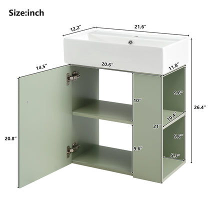 21.6" Floating Bathroom Vanity with Sink, Slim Wall Mounted Bathroom Vanity with Ceramic Basin & Overflow, Wave Pattern Door with Rose Gold Handle, Soft Close Door,Green