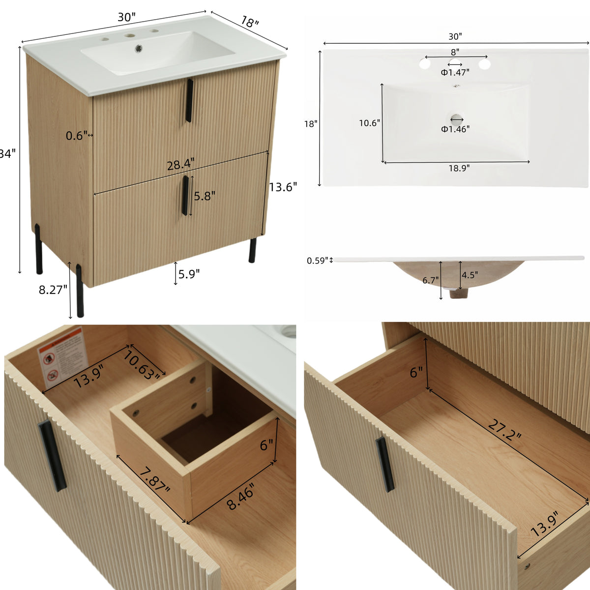 30" Bathroom Vanity with Sink, Black Fluted Bathroom Vanity with Undermount Drawer Slides & White Ceramic Basin, Finger Pull Design, Full Extension Drawers,Natural