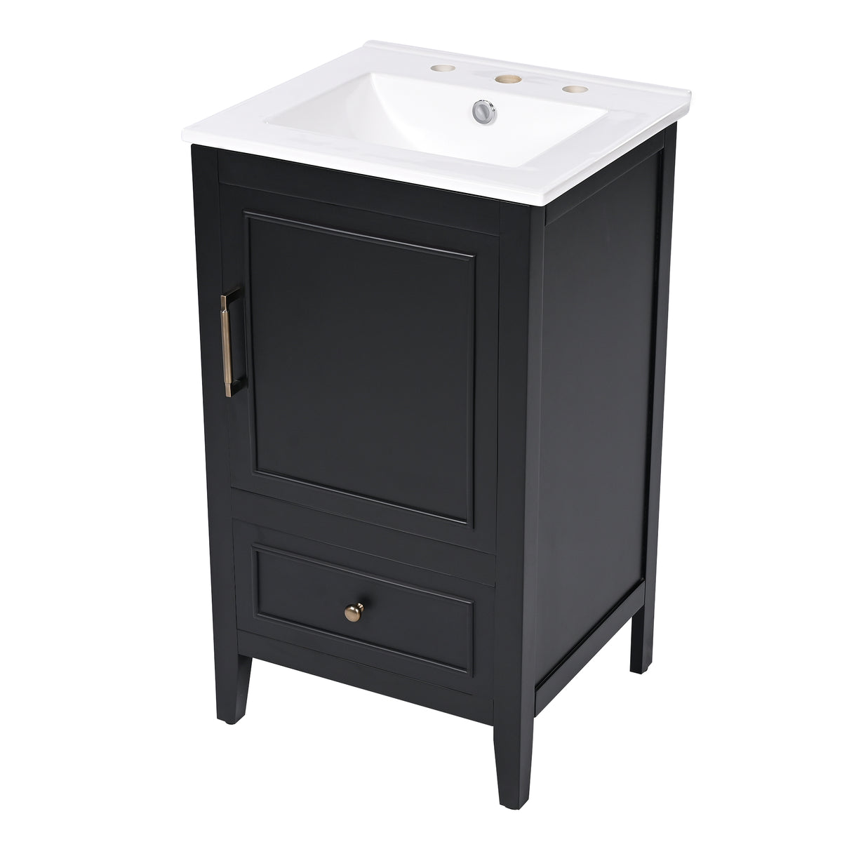20" Bathroom Vanity with Sink, Half-Moon Ceramic Sink Basin with 3-Hole Faucet Mount, Bathroom Storage Cabinet with Drawer & Door Rack, Retro Gold Handle, Black