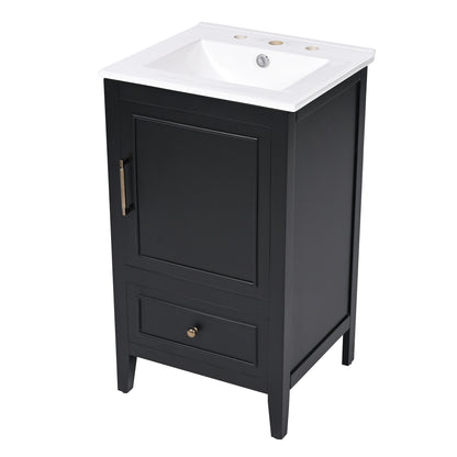 20" Bathroom Vanity with Sink, Half-Moon Ceramic Sink Basin with 3-Hole Faucet Mount, Bathroom Storage Cabinet with Drawer & Door Rack, Retro Gold Handle, Black
