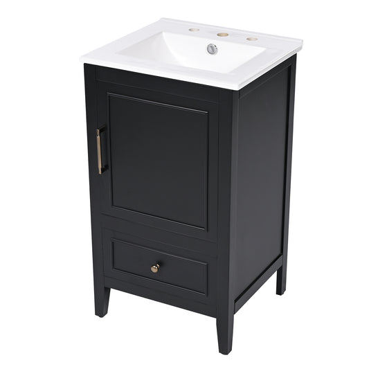 20" Bathroom Vanity with Sink, Half-Moon Ceramic Sink Basin with 3-Hole Faucet Mount, Bathroom Storage Cabinet with Drawer & Door Rack, Retro Gold Handle, Black