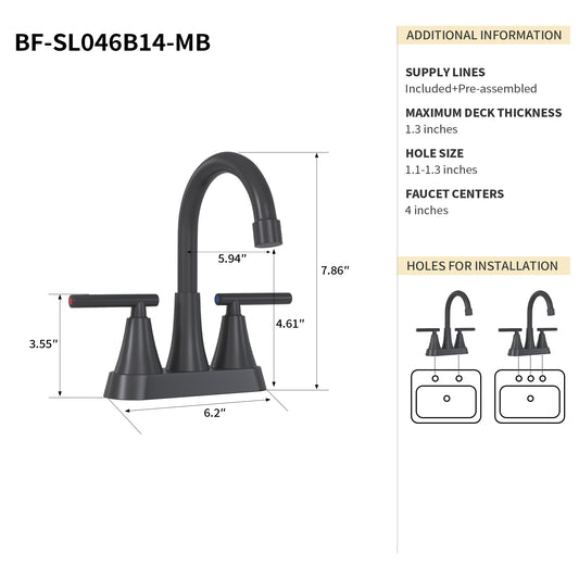 Bathroom Centerset Sink Faucet Matte Black Double Handles B2724P262887