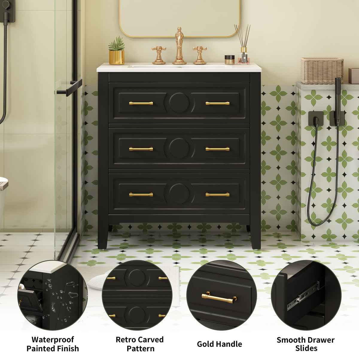 30" Bathroom Vanity with Sink, Black Bathroom Vanity with 3 Drawers & Carved Detail, Ceramic Sink for 4" Centerset Faucet with Overflow, Solid Pine Wood Frame,Black