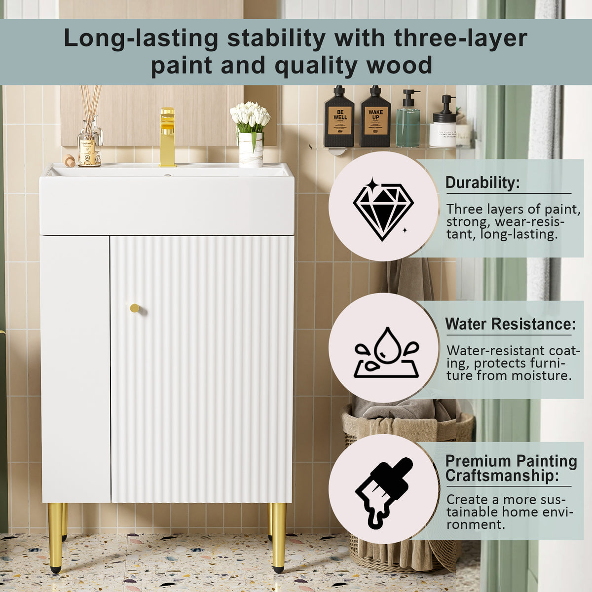 21.6" Bathroom Vanity with Sink, Slim Freestanding Bathroom Vanity Cabinet with Ceramic Sink & Overflow, Gold Metal Legs, Soft Close Door, for Small Bathroom,,White