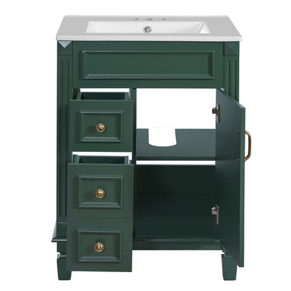 24" Bathroom Vanity with Sink, French Style Bathroom Vanity with 2 Deep Drawers & Adjustable Shelf, Ceramic Sink for 4-Inch Faucet, Soft Close Door,Green