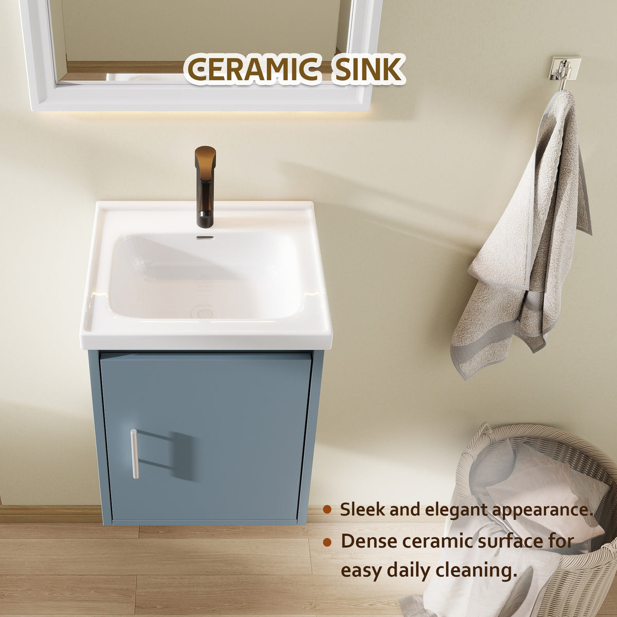 16" Floating Bathroom Vanity with Sink, Modern Wall Mounted Bathroom Vanity with Glossy White Ceramic Sink & Countertop, Soft Close Door, Plywood Storage Cabinet,Blue